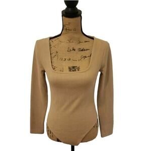 A New Day nude bodysuit with long sleeves, square neckline, size medium